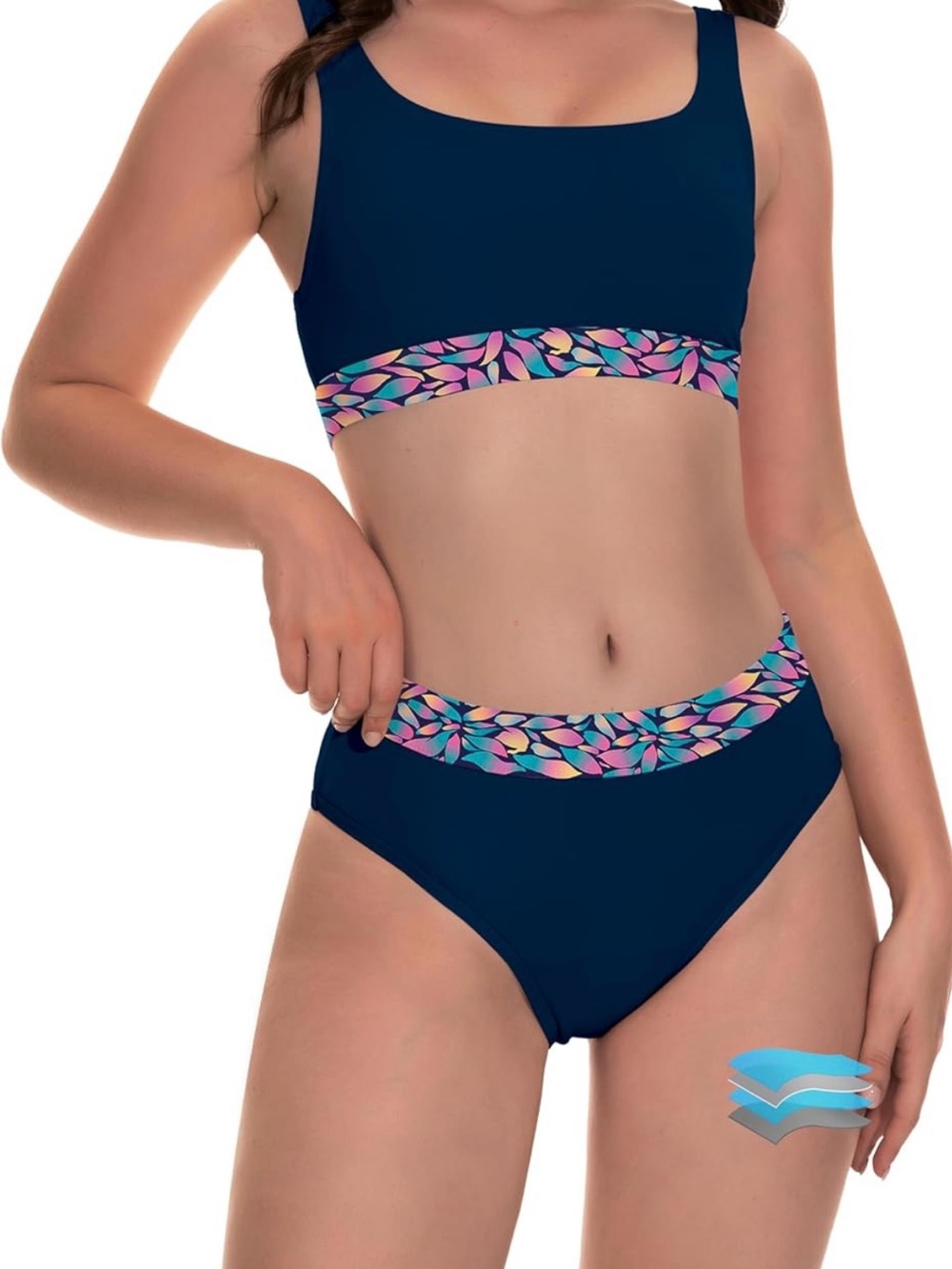 Navy Scoop-Front Two-Piece Bikini with Multicolor Leaf Trim